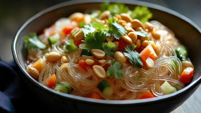A hearty bowl of noodles in broth, topped with fresh vegetables such as carrots, cucumbers, and peppers. Garnished with a sprinkle of ground cumin and chopped herbs.