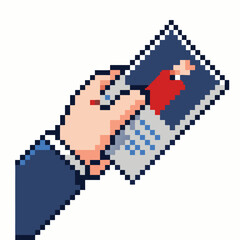 Fototapeta premium Retro Pixel Art Hand Holding Smartphone with Photo Display