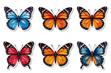 Obraz premium Set of colorful butterfly illustrations with various wing patterns and shades on a white background. Concept of nature, beauty, and diversity