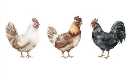 Vibrant hand-painted watercolor images of Roosters on a white background are ideal for farmhouse decor and nature-themed designs