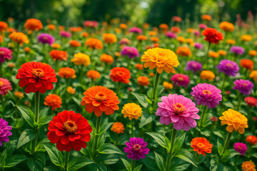 Blooming garden with vibrant zinnias in full color, natural floral background of summer flowers