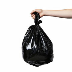A human hand holding a full black plastic garbage bag by the knot, bulging with contents, representing waste disposal or cleanliness themes, isolated on transparent background.