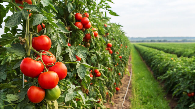 Tomatoes on trees in field with warm sunlight natural sunny day background,  Tometo growing in field