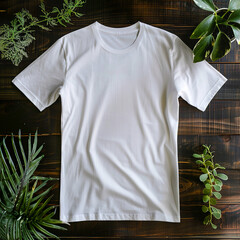 White T-Shirt Surrounded by Green Plants on Dark Wooden Floor