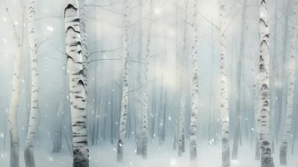 Dense birch forest with white tree trunks emerging through thick winter fog. Soft snowflakes drifting across ethereal white and gray landscape. Vertical tracking camera motion. - Powered by Adobe