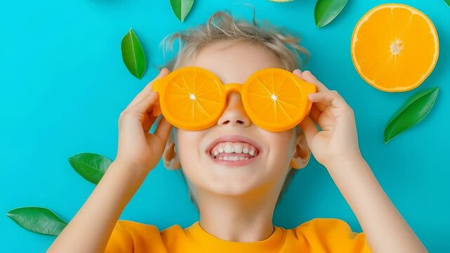 Blonde child in yellow shirt wearing orange slice sunglasses, laughing against turquoise background with green leaves