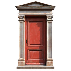 Red door with classical columns, isolated on a white background.