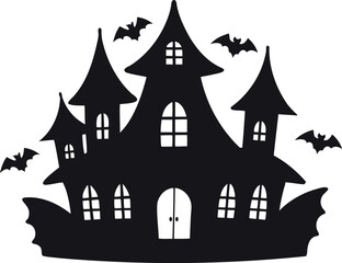 Halloween Haunted House Black Silhouette. Vector, Flat Halloween House Silhouette Vector 