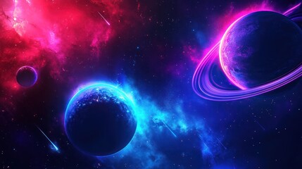 Naklejka premium Vivid Nebula and Planets in Cosmic Dance against a Starry Backdrop
