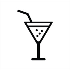 Outline Icon of Cocktail Glass with Straw and Bubbles on White Background