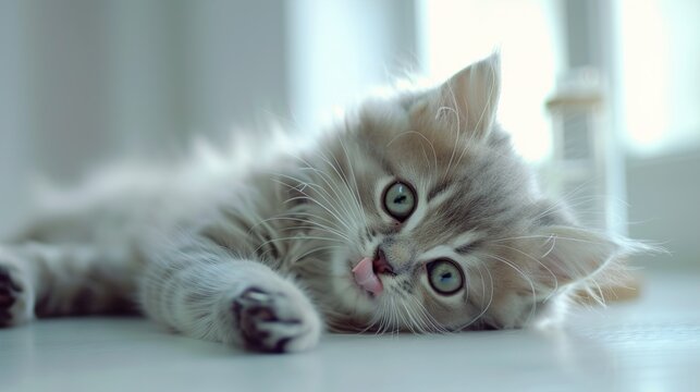 Funny large longhaired gray kitten with big green eyes lying on a white table, licking its lips, fluffy and adorable. Free space for text. - Powered by Adobe