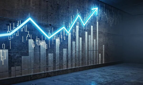 Neon graph on concrete wall showing upward trend.