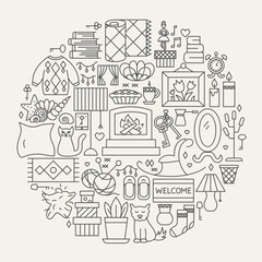 Fototapeta premium Sweet Home Line Icons Circle. Vector Illustration of Outline Design. House Indoor Decor and Interior Linear Objects.