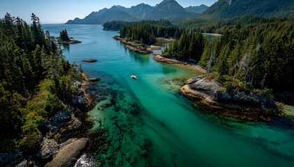A lone boat glides through a serene, turquoise inlet, surrounded by lush evergreen forests and majestic mountains. The vibrant colors and tranquil atmosphere create a breathtaking scene.
