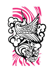 crane illustration design for sukajan is mean japan traditional cloth or t-shirt with digital hand drawn Embroidery Men T-shirts Summer Casual Short Sleeve Hip Hop T Shirt Streetwear 