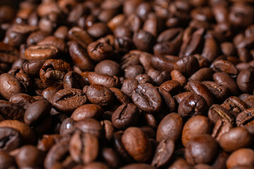 Close-up of roasted coffee beans ready to be ground.