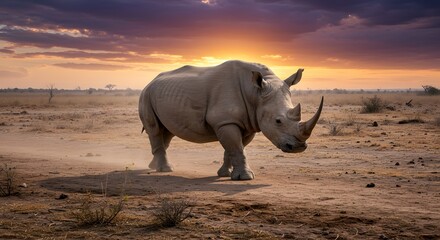 Fototapeta premium A majestic rhinoceros strides across the savanna at sunset, a stunning African landscape.