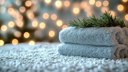 Soft, light-gray towels, rosemary sprigs, festive background