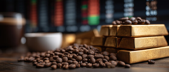 Gold bars rest among coffee beans in front of a stock chart, illustrating commodity comparison and market-driven value.