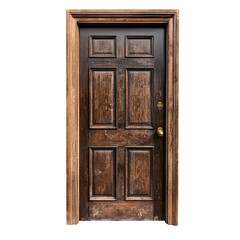 A sturdy wooden door with multiple panels, featuring a brass doorknob, isolated on a white background.