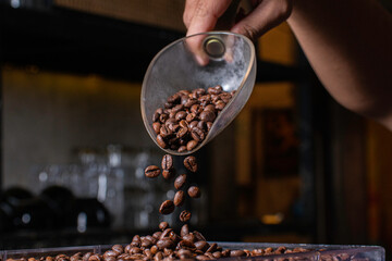 Close Up Hand pouring coffee beans into a coffee bean grinder in a coffee shop