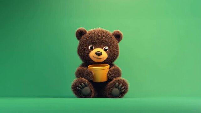 Adorable Brown Teddy Bear Holding Yellow Pot Against Green Background