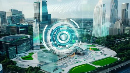 Futuristic cityscape with rotating digital interface overlay in highresolution - Powered by Adobe