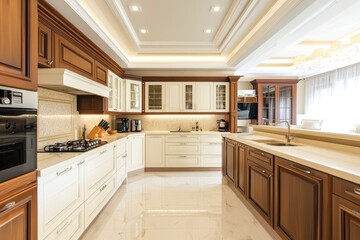Fototapeta premium Stunning Spacious Kitchen with White and Brown Cabinets, Luxurious Details, and High-End Appliances in a Bright Apartment