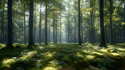 Obraz premium Sun dappled forest floor dark trees rising to canopy in a clearing