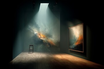 Naklejka premium A solitary chair stands in the center of a minimalist art gallery, illuminated by a single spotlight, showcasing a dramatic painting of a stormy sky.