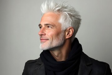 Obraz premium A stylish and confident man with a poised stance. Idea of style for aging men. Modish men's high and tight haircut - midlife white man with white hair. Pure white solid background.