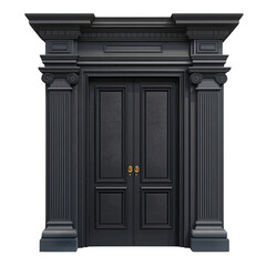 Obraz premium Elegant black double doors with intricate columns and detailed framing, isolated on a white background.