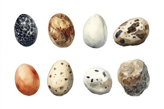 In an isolated setting, watercolor dinosaurs are showcased, including prehistoric creatures like stegosaurus, brachiosaurus, triceratops, t-rex, and plants, as well as dinosaur eggs