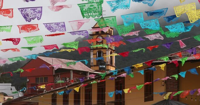 Foggy morning view of the historic church and cityscape of the pueblo of Pinal de Amoles, Quer&eacute;taro, Mexico.