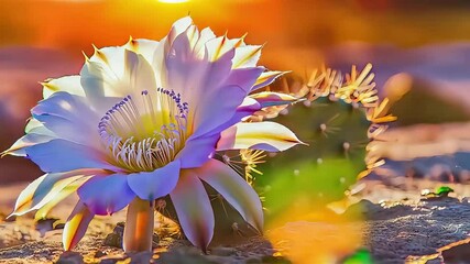 Radiant desert bloom a cactus flower at sunset with vibrant hues