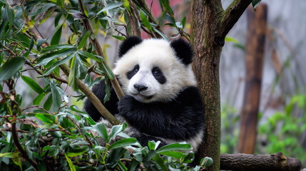 Fototapeta premium The image features a panda cub sitting in a tree, with its black and white fur and large, black, round eyes clearly visible