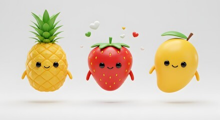 A delightful illustration of three charming fruit characters with happy faces and floating hearts.