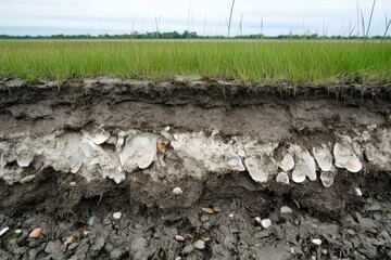 Obraz premium Detailed Soil Profile of a Tidal Marsh: Layers of Clay and Shell Fragments from Erosion and Accretion in a Creek Cutbank