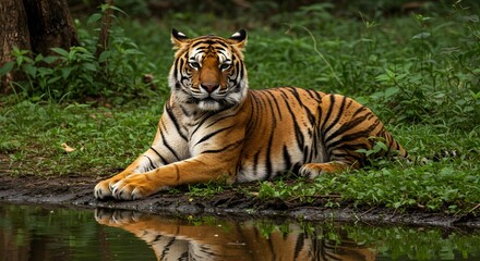 Obraz premium A stunning tiger resting peacefully by the water's edge in its natural jungle environment.