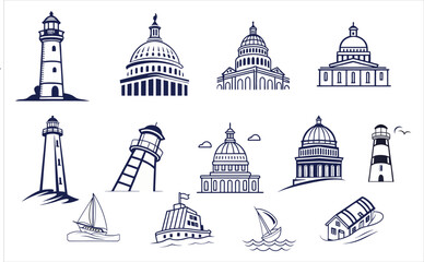 Travel place icon set and Capitol Buildings Illustration