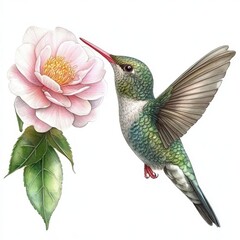 Fototapeta premium Watercolor illustration of a tropical bird and a bright summer flower, specifically a hummingbird and a camellia, set against an isolated background as clipart