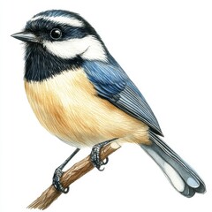 Obraz premium Watercolor depiction of a tit bird, showcasing an artistic bird painting featuring adorable black-capped chickadees, small songbirds perched on a tree branch