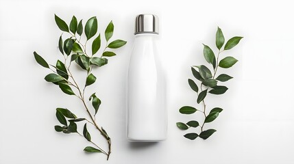 Sleek White Reusable Water Bottle on Minimalist White Background for Sustainable Living Concept