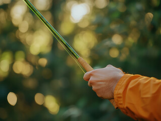 A person holding a fishing rod with a green handle