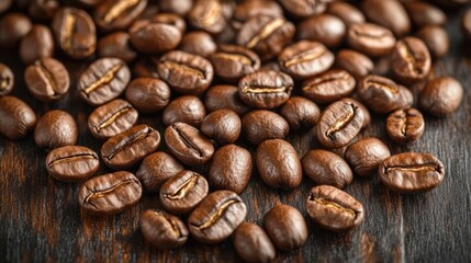Fototapeta premium Roasted coffee beans on dark wood. Background blur. Food photography