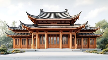 Fototapeta premium Restored asian historical wooden structure frontal view high resolution images