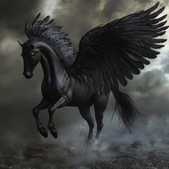 Obraz premium Majestic Black Pegasus: Winged Divine Horse in Flight with an Enchanting Fable