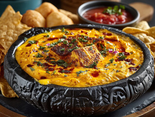 A creamy cheese dip served with tortilla chips