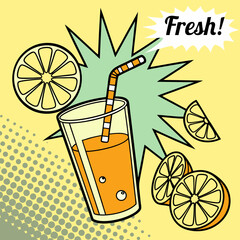 Orange Juice Glass with “FRESH!” Pop Text