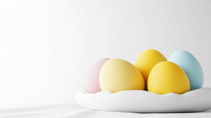Fototapeta premium Pastel-colored eggs in a white dish